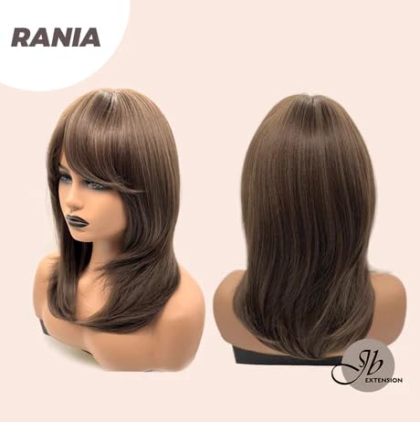 Miniatura 7 de RANIA - Peluca rizada marrón con flequillo, pelucas sin pegamento para mujer, pelucas sintéticas naturales para uso diario (pelucas de cabello