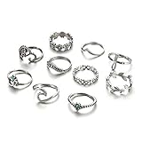 Zealmer Wave Ring Vintage Silver Knuckle Ring Set Crown Chevron Flower OM Religious Cross Earrings