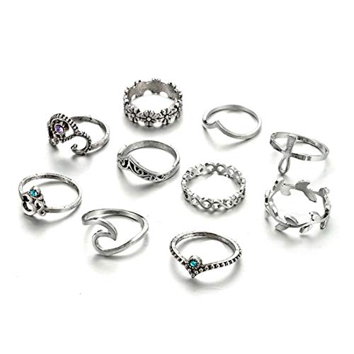 Zealmer Wave Ring Vintage Silver Knuckle Ring Set Crown Chevron Flower OM Religious Cross Earrings