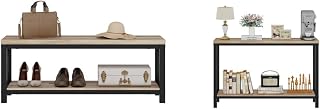 BON AUGURE Entryway Bench and Console Table Bundle – Farmhouse Wooden Metal Shoe Bench & Industrial Entryway Table for Foyer, Mudroom, Living Room, Hall (Vintage Oak)