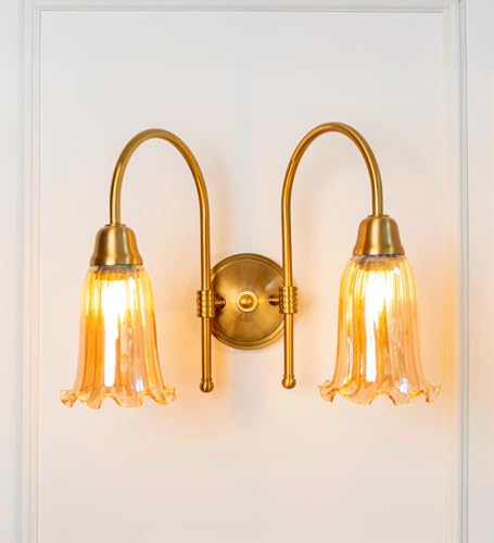 Image of Divine Trends Double Hockey Wall Lamp Antique Brass Finish with Fluted Flower Golden Glass for Living Room, Bedroom, Home Decoration Wall Light - Pack of 1