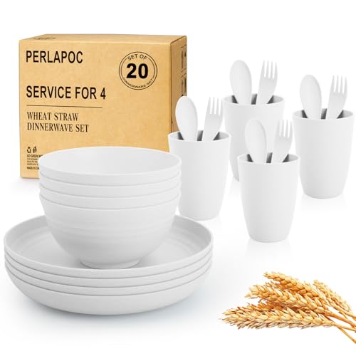 Image of Wheat Straw Dinnerware Sets Service for 4, Unbreakable Kids Plates and Bowls Set 20 PCS, Microwave & Dishwasher Safe Dishes Set for Dinner, Kitchen, Camping, PV, Dorm - White