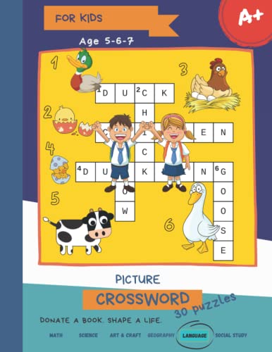 Picture crossword puzzles for kids: Brain-bending Challenges, ages 5 to 8, kindergarten and 1st to 2nd Grade, Activity Word Puzzles and Vocabulary, Spelling Letter Size (8.5 x11)
