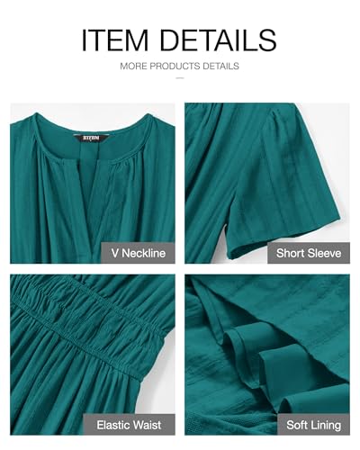 BTFBM Womens Summer 2026 Casual Midi Maxi Dresses Lightweight Short Sleeve V Neck Elastic Waist Boho Beach Dress Pockets(Malachite Green, Medium) — view 4