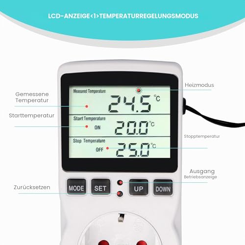RUIZHI Digitaler Temperaturregler Steckdosen Heizung Kühlen Thermostat 250V mit Fühler Steckdose und Sonde LCD Bildschirm für Gewächshaus,Aquarium,Terrarium,Reptilien （EU