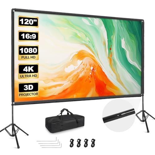 Outdoor Projector Screen with Stand, 120 inch Portable Projector Screen Stand with Elastic Rope Bar, Indoor 16:9 4K HD Wrinkle-Free Front Rear Projection Screen with Carry Bag for Movie Night Camping by GLOSHOOTING - Used condition - US$36.99