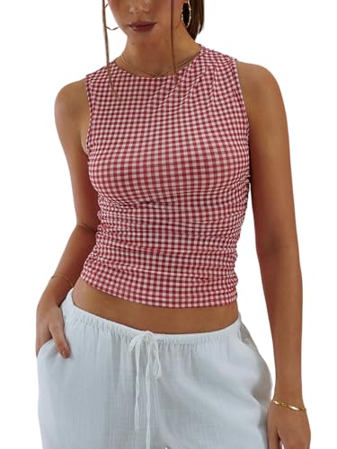 Milumia Women's Gingham Top Y2k Sleeveless Mock Neck Ruched Fiited Tank Tops