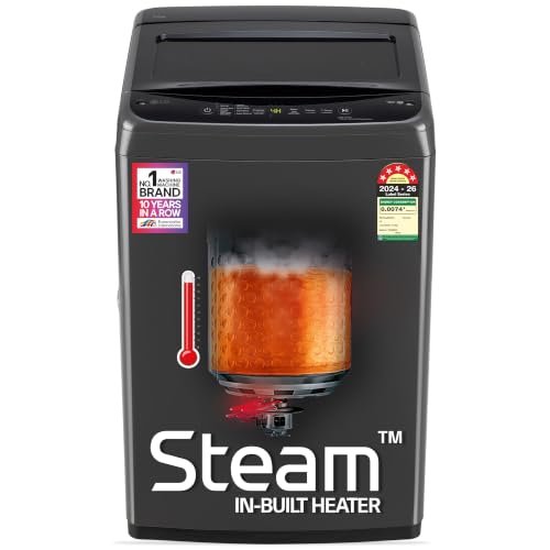 Image of LG 9 Kg, 5 Star, Smart Inverter Technology, In-built heater with Steam, Fully Automatic Top Load Washing Machine (T90VBMB1S, Turbodrum, Stain Clean, LED Display, Smart Diagnosis, Middle Black)