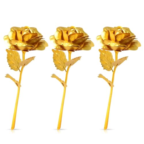 Image of 3pcs Golden Rose Artificial Flower Arrangement for Wedding, Birthday, Anniversary, House Warming Gift