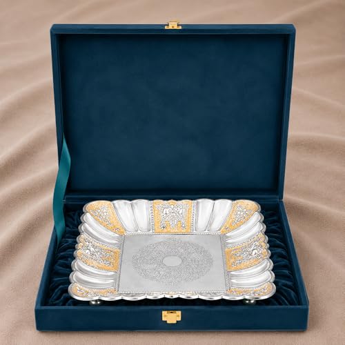 Image of Diviniti German Silver Decorative Tray for Home Decor | Square Floral Embossed Platter | Luxury Center Table Accent for Living Room & Dining Decor | Premium Decorative Gift with Box