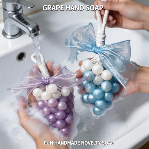 Image of Colorful Grape Soap on Rope Cute Shaped Handwashing Grapes Soap Bar, Novelty Hanging Fruit Soap for Bathroom Decor,Fun Gift Handmade Soap