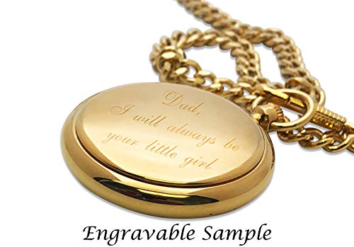 Image of Peugeot Men's 14Kt Gold Plated Vintage Pocket Watch with Chain, 40mm Open Face, Engravable with Easy to Read Roman Numbers