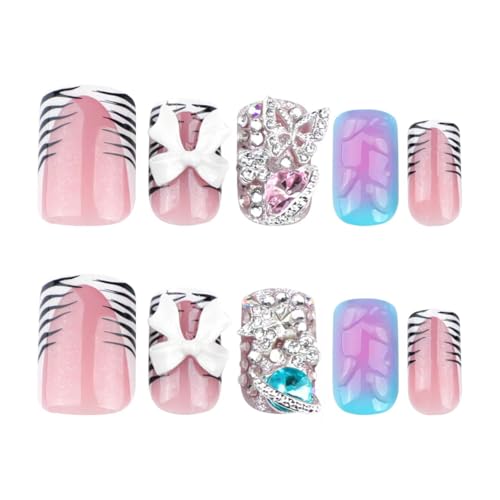 Image of French Tip Press on Nails Short Square Fake Nails Stripe Glue on Nails with Rhinestone Bow Design Glossy Stick on Nail Artificial Acrylic Full Cover Water Drop False Nail for Women Manicure 24Pcs