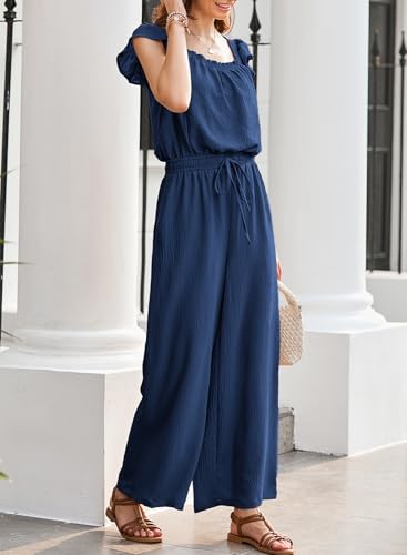Dokotoo Jumpsuits for Women 2025 Summer Ruffle Sleeves Square Neck Rompers Drawstring Overalls with Pockets4