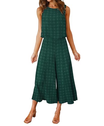FANCYINN Damen Lang Jumpsuit Sommer 2-Teiliges Overall Elegant Hosenanzug Ärmellos Rundhals Tanktop Gekürzte Bein Romper Grüner Schweizer Punkt XXL