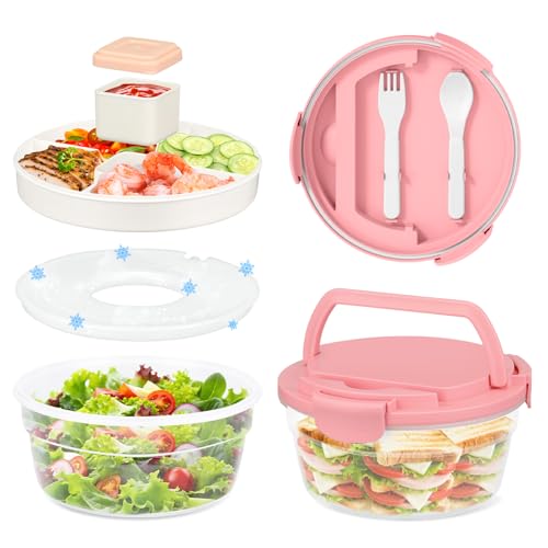All-in-One Salad Lunch Container, Bento Lunch Box 57.5-oz Salad Bowls with 4 Compartments Tray, Ice Pack, BPA-Free Snack Container with Sauce Container for Dressing (Pink)