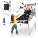 GYMAX Basketball Arcade Game, Foldable Basketball Game with 8 Game Modes, Voice Prompt, Double Hoops and Scorer, Indoor Outdoor Basketball Hoop Game for Kids Adult (Black+Blue Stripe)