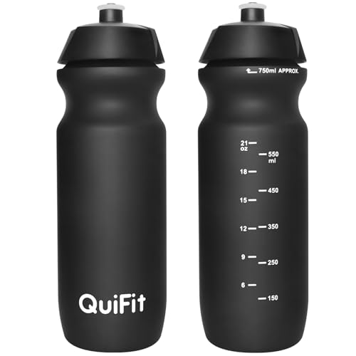 QuiFit Fahrradflasche 2er Pack, Sport Trinkflasche BPA-frei, Gym Flasche, Trinkflasche Gym Auslaufsicher, Sportflasche 750ml für die Meisten Fahrradkäfige (Black+ Black, 750ml)