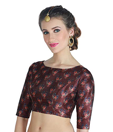 Boat Neck Readymade Stitched Printed Saree Blouse Poly Silk Fabric Indian Sari Choli Tunic Wedding Top Women (Medium-34)