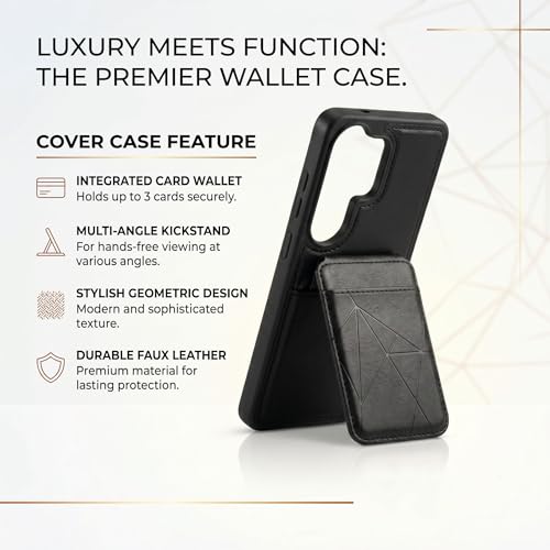 Image of amazon basics Premium Vegan Leather Back Cover with Card Holder and Integrated Mobile Stand for Samsung Galaxy S26 Ultra 5G - Slim Shockproof Wallet Case with Geometric Stitching [Black]
