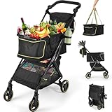 Dyna-Living Faltbarer Einkaufswagen für Lebensmittel, 31,8 kg Tragkraft, faltbarer Einkaufswagen mit 360° drehbaren ER-Rädern, höhenverstellbarer Griff, Aluminiumrahmen, tragbarer, faltbarer