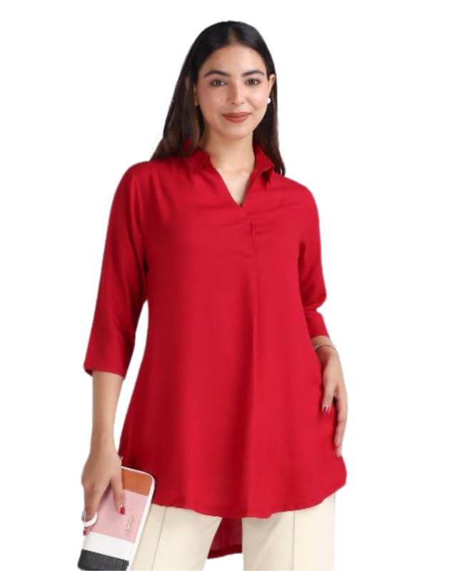 mlada Rayon Flare Top for Women | 3/4th Sleeve Regular Fit and Flare Top | Women Office Tops Tunic | Western Long Shirt Top for Women | Shirt Collar Top for Women | Rayon Tunic Tops for Women Western-picture-14
