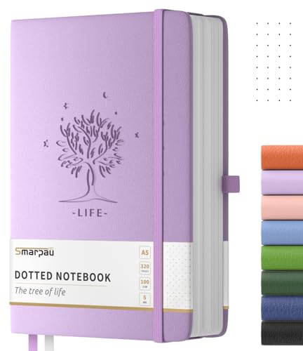 Smarpau A5 Notebook Bullet Dotted Journal 320 Pages Hardcover Leather Notebook with 100GSM Thick Paper Journal for Women Men Writing - 14.5 x 21cm Purple