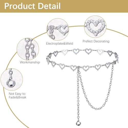 JIEYAO Waist Chains Belts for Women, Heart Rhinestone Silver Chain Belt Adjustable Metal Link Body Chain for Jeans Dress2