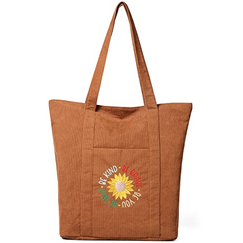 Makukke Bolso de pana para mujer con cremallera, bolso de hombro grande, bolso de mano para trabajo, oficina, viajes, compras, escuela y vida cotidiana, Girasol Brown Cover