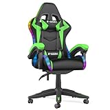 Racingreat LED Gaming Stuhl mit RGB-Lichtleiste, Gaming Chair RGB mit Kopfstütze und Lendenwirbelstütze, 90°–135° Neigungswinkel + Höhenverstellbar, PC-Stuhl für Kinder Junge Erwachsene (Grün)