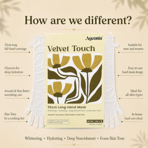 Image of Velvet Touch Hand Mask Gloves 55cm | Treatment for Dry Hands with Shea Butter, Aloe Vera, Avocado, Glycerin | Care Mitts for Whitening, Brightening, Moisture, Repair | Treatment for Dry Hands with Shea Butter, Aloe Vera, Avocado,Glycerin | Nourishes Nails & Cuticles | At-Home Manicure