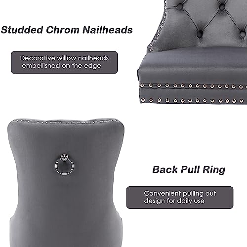 Kcc Velvet Dining Chairs Set Of 4 (Renewed), Upholstered High-End Tufted Dining Room Chair With Nailhead Back Ring Pull Trim Solid Wood Legs, Nikki Collection Modern Style For Kitchen, Grey #TOP4