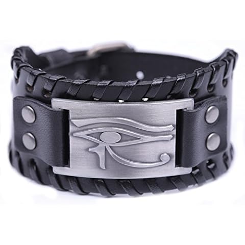 TEAMER Vintage Amulet Eye of Horus Leather Bracelet Cuff Bangle Egyptian Talisman Pagan Jewelry (Antique Silver,Black) Cover
