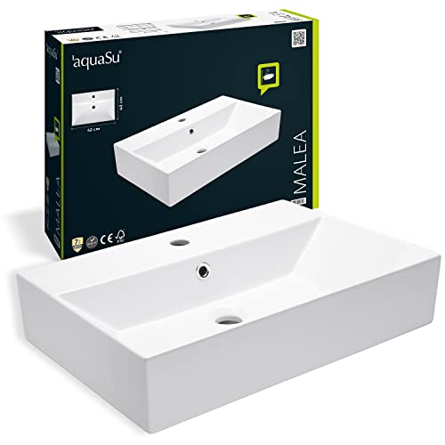 aquaSu® Moderner Waschtisch Malea 60 cm | Design-Waschbecken mit Überlauf und Hahnloch |...