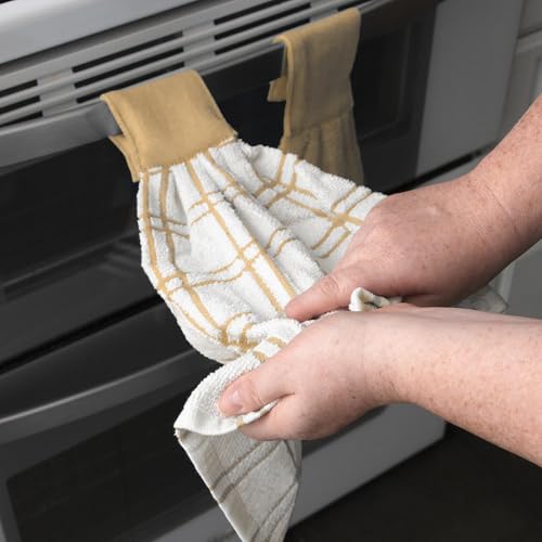 Image of Ritz Premium 100% Cotton Solid and Multi Check Kitchen Tie Towel, Absorbent, Super Soft, and Fast Drying Hang Towel, Set of Two, Straw