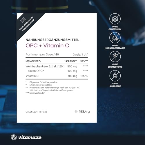 OPC Traubenkernextrakt Kapseln, zertifiziert, hochdosiert: 450 mg reines OPC, 180 Kapseln für 6 Monate, Natürliche Nahrungsergänzung ohne Zusätze, Made in Germany