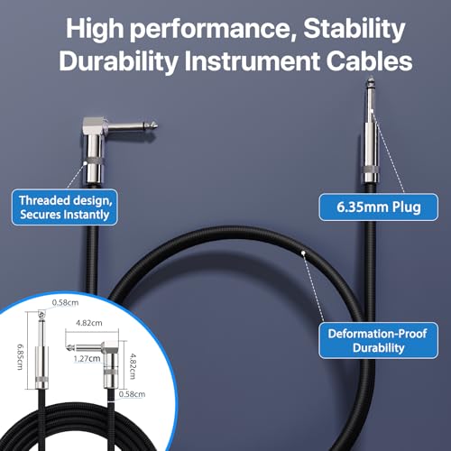 Image of Short Guitar Cable 3.3ft, 1-Pack, TS 1 /4 Quarter Inch Cords Braided | Amp Cord Shielded Electric Guitar Chord to Ampliefier, Aux Cords Right Angle Bass Instrument Cable, Black