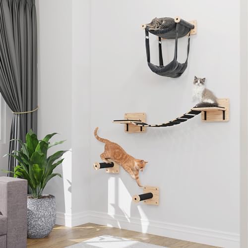 Cat Wall Shelves Set – Cat Wall Furniture with 2 Cat Climbing Shelves, Cat Bridge & Double Cat Hammock Bed – Modern Cat Shelves and Perches for Wall Perfect for Small to Large Kitty