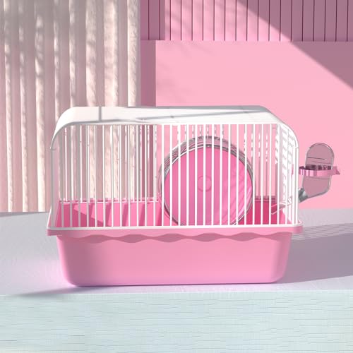 9.16.76.3 inch Small Portable Hamster Cages Hamster Carrier Pet Travel Carrier Small Animal Pet Cages with Water Bottle Food Bowl Wheel Pink