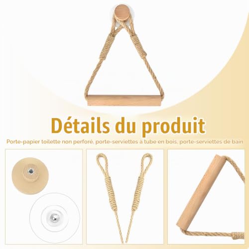 Porte-rouleau WC jute/bois sans perçage Kahaybeall
