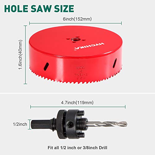 Image of HYCHIKA 6 Inch /152mm Hole Saw,Bi-Metal Cutter Hole Max Cutting Depth 1-1 /2inch(40mm) with 1 Arbor,2 Drill Bit for Wood Cutting Cornhole Plastic Drywall Boards Fiberboard