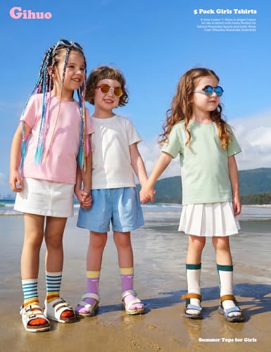 Image of Gihuo 5 Pack Girls T-Shirts Short Sleeve Shirt for Girls Cotton Tees Kids Tshirts Clothes Summer Tops