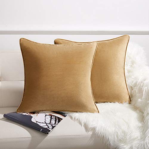 Anickal Set of 2 Khaki Velvet Pillow Covers Decorative Square Throw Pillow Covers 24x24 Inch for Sofa Couch Decoration