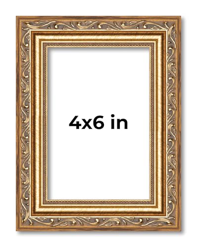 Poster Palooza 4x6 Inch Traditional Antique Gold Complete Wood Picture Frame with UV Acrylic Plexiglass, Foam Board Backing & Hardware Included - 4x6 Inch Frame