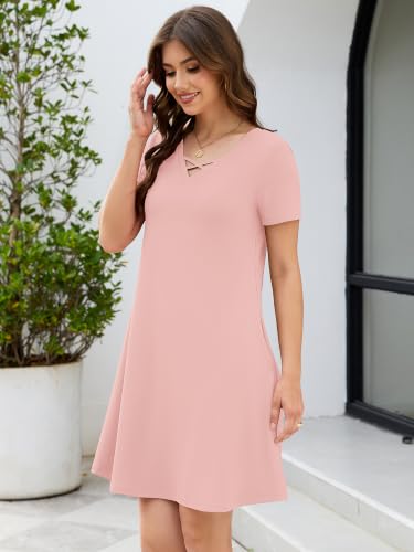 Image of KORSIS Women's Dresses Summer Casual T-Shirt Short Sleeve Criss Cross V Neck Swing Beach Vacation Sundress Dress with Pockets