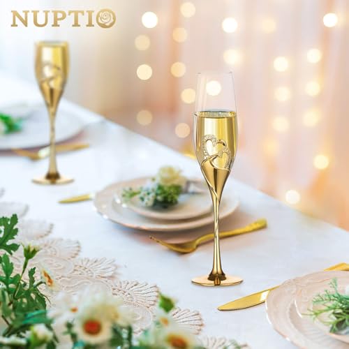 Nuptio Nozze Regalo Oro Bicchieri: Set di 2 Bicchieri Champagne Brindisi Flûte Cristallo Matrimonio Anniversario Feste - immagine 5