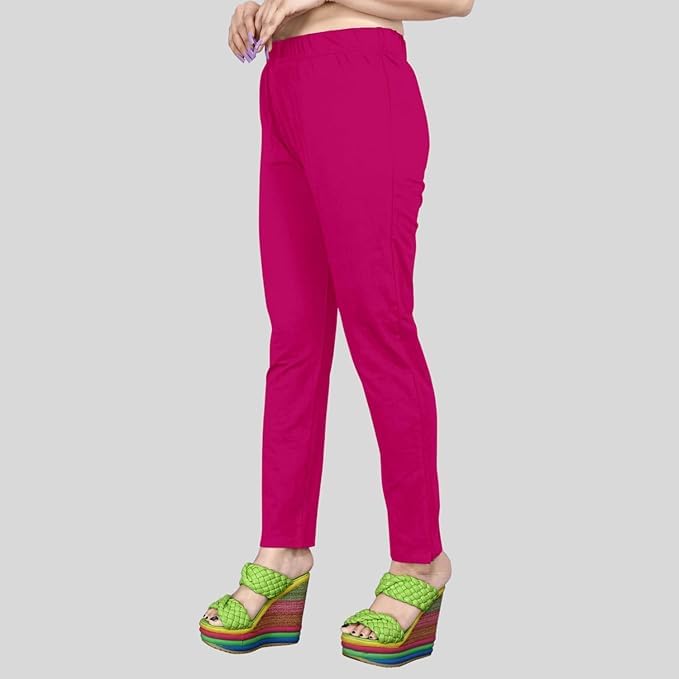 Image of Women's Solid Cotton Lycra Pants-High Waist Slim Fit Stretchable Leggings - Comfortable Long Trousers for Casual, Office & Everyday Wear