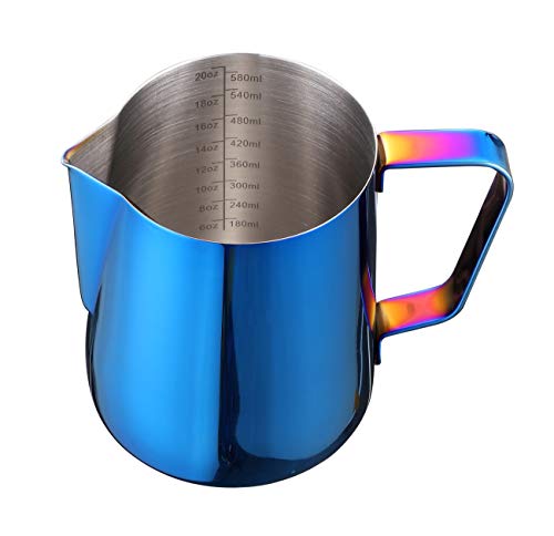 Joytata Milk Frothing Pitcher 20oz Stainless Steel Cup Perfect for Latte Art, Espresso Maker, Cappuccino Maker - 18/8 Stainless Steel Milk Frother Steaming Pitcher Cobalt Blue Color