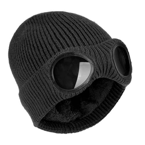 AWAVM Fashionable Knit Hat for Men & Women - Warm Cap with Windproof Goggles - Unisex Knitted Cap for Autumn & Winter - Ear Protection - Black