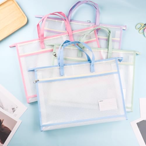Image of 4 Pcs A3 Portable Project Bags for Quilting, Clear Mesh Sewing Project Bag with Zipper Handle Clear Design Art Supply Bag for Quilting Knitting Stitching Artworks Embroidery